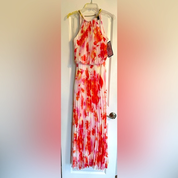 NEW Floral Printed White Maxi Cocktail Dress NWT Halter Pleated Gown Pink Orange - Picture 3 of 9
